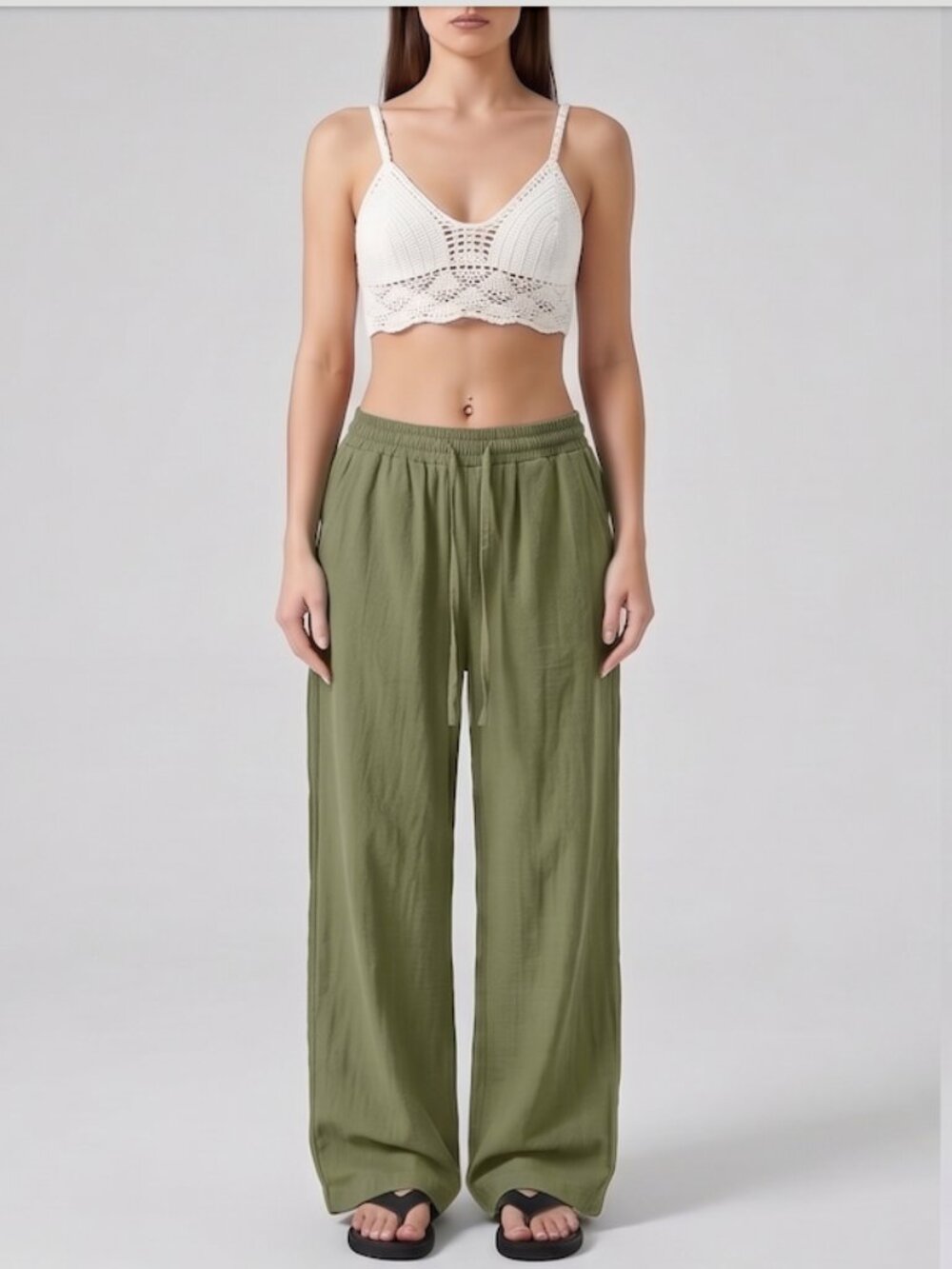 Cotton Drawstring Wide Leg Pant Green